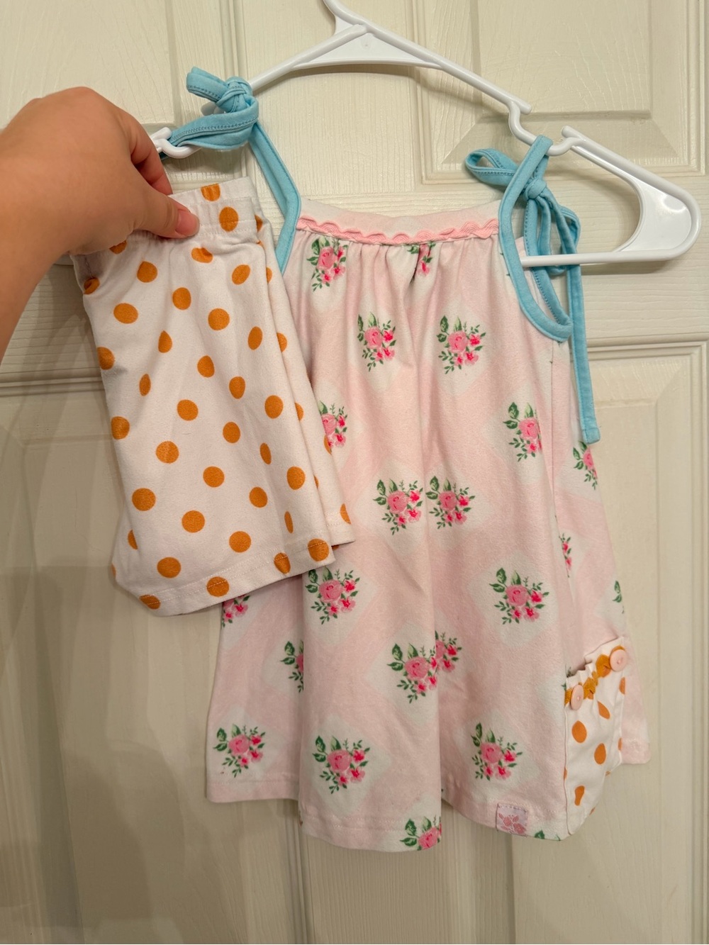 SweetHoney Pink Floral Top with Blue Straps and Orange Polka Dot Shorts